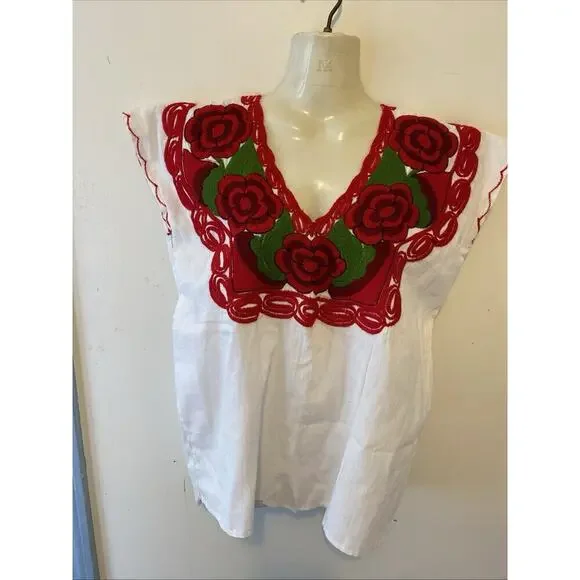 Vintage Mexican Blouse Shirt Top Embroidered Flowers Huipil Chiapas Sz S/M Frida - Picture 6 of 8